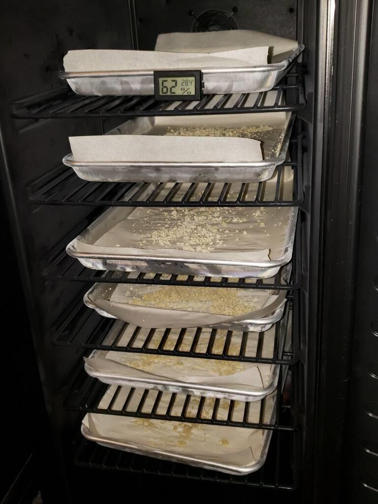 Curing trays inside the dehydrating oven